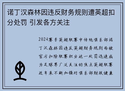诺丁汉森林因违反财务规则遭英超扣分处罚 引发各方关注 诺丁汉森林因违反财务规则遭英超扣分处罚 引发各方关注